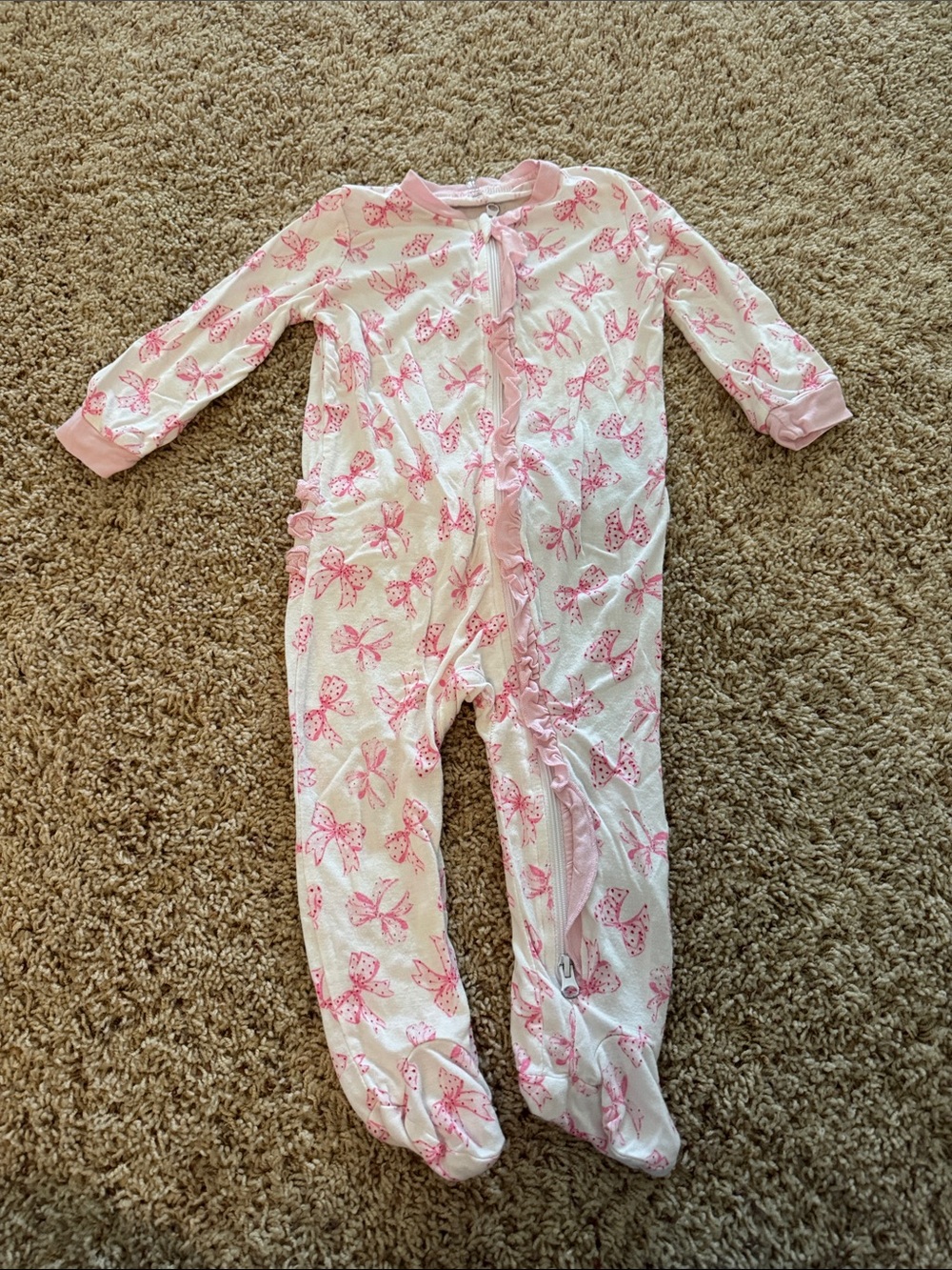 Baby Girls Pink Bow Print Footed One-Piece Pajamas